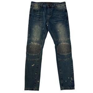 Switch Remarkable Mens Paint Splatter Slim Tapered Blue Wash Moto Jeans 32x30
